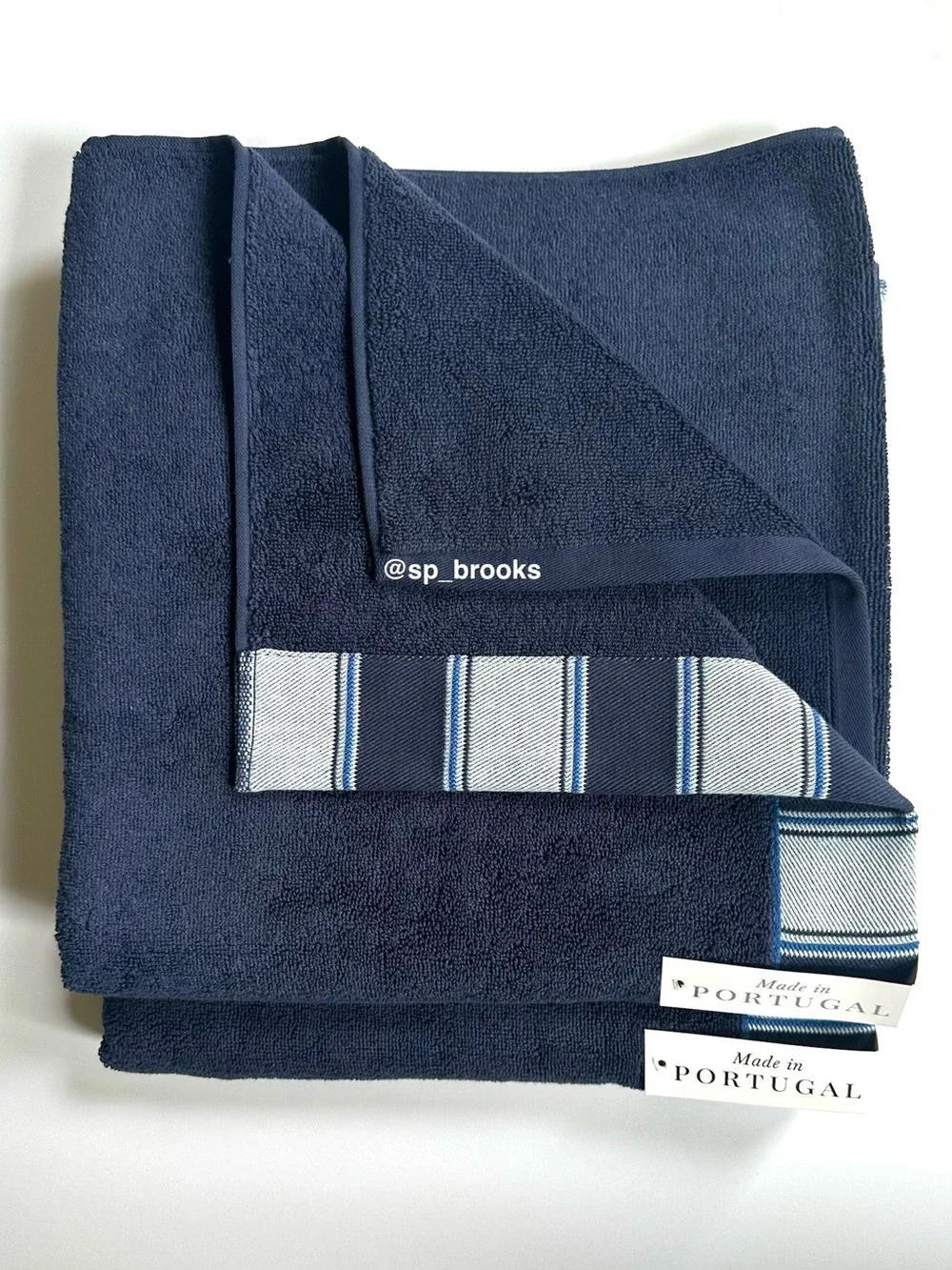 🎁6PC FELPINTER Bath Towel Set - Navy Blue with Woven Striped Piping - Cotton